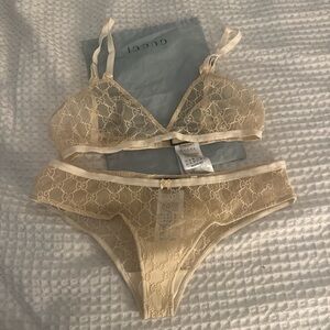 Gucci Sheer Beige GG Lace Bralette & Bikini Set
